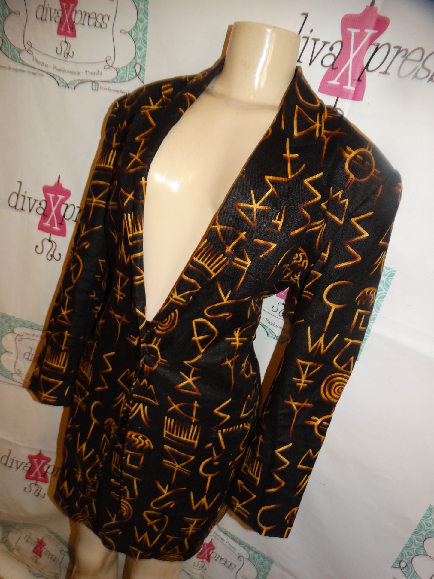 Vintage Ellen Tracy Black Aztec 2 Piece Skirt Set/Dress Size M