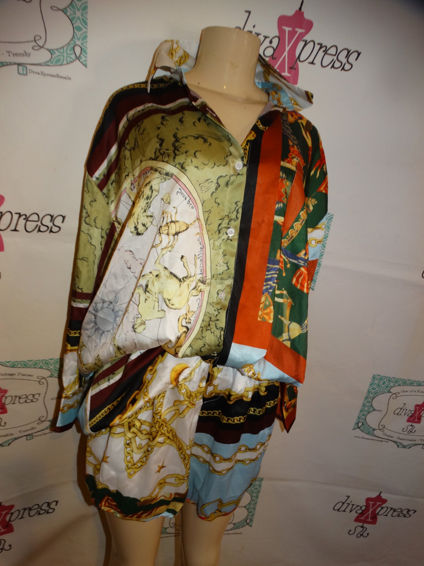 White Colorful Versace Style 2 Piece Short Set Size L