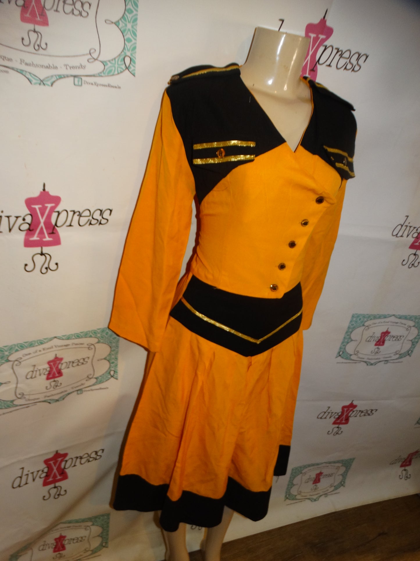 Vintage Koco Mustard Yellow/Black Two Piece Dress Size M