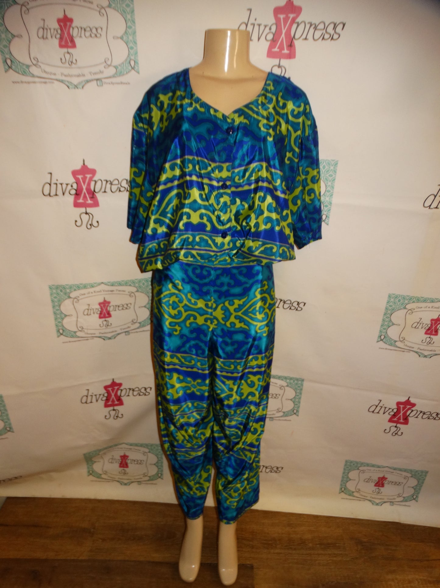 Vintage Glamour Green/Blue 2 Piece Pants Set Size 2x