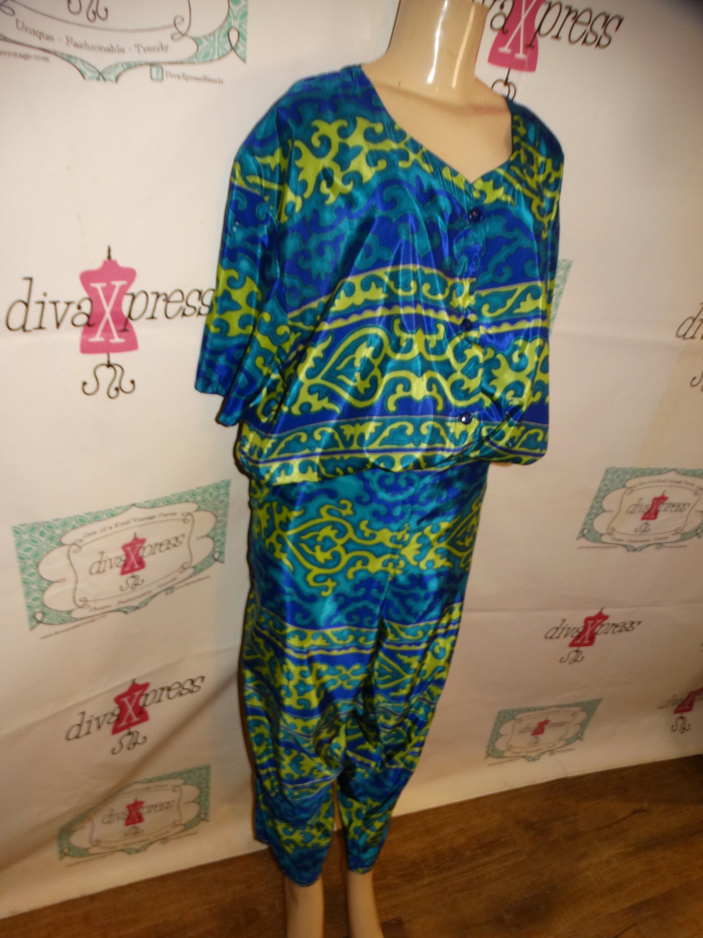 Vintage Glamour Green/Blue 2 Piece Pants Set Size 2x