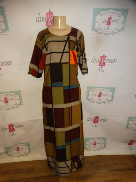 Vintage Brown Colorful Long Dress Size L