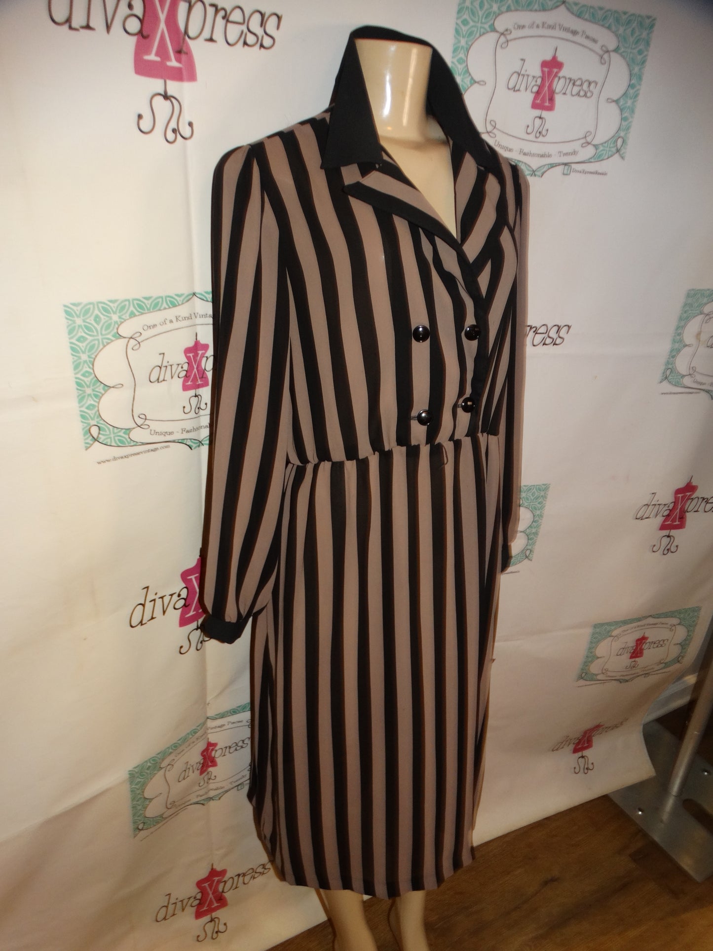 Vintage Tan/Black Stripe Sheer Dress Size L