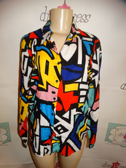 Vintage Big Dart White Colorful Top Size M