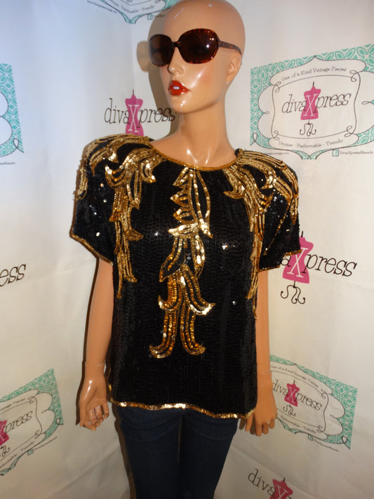 Vintage Nina Couture Black/Gold Sequins Top Size L