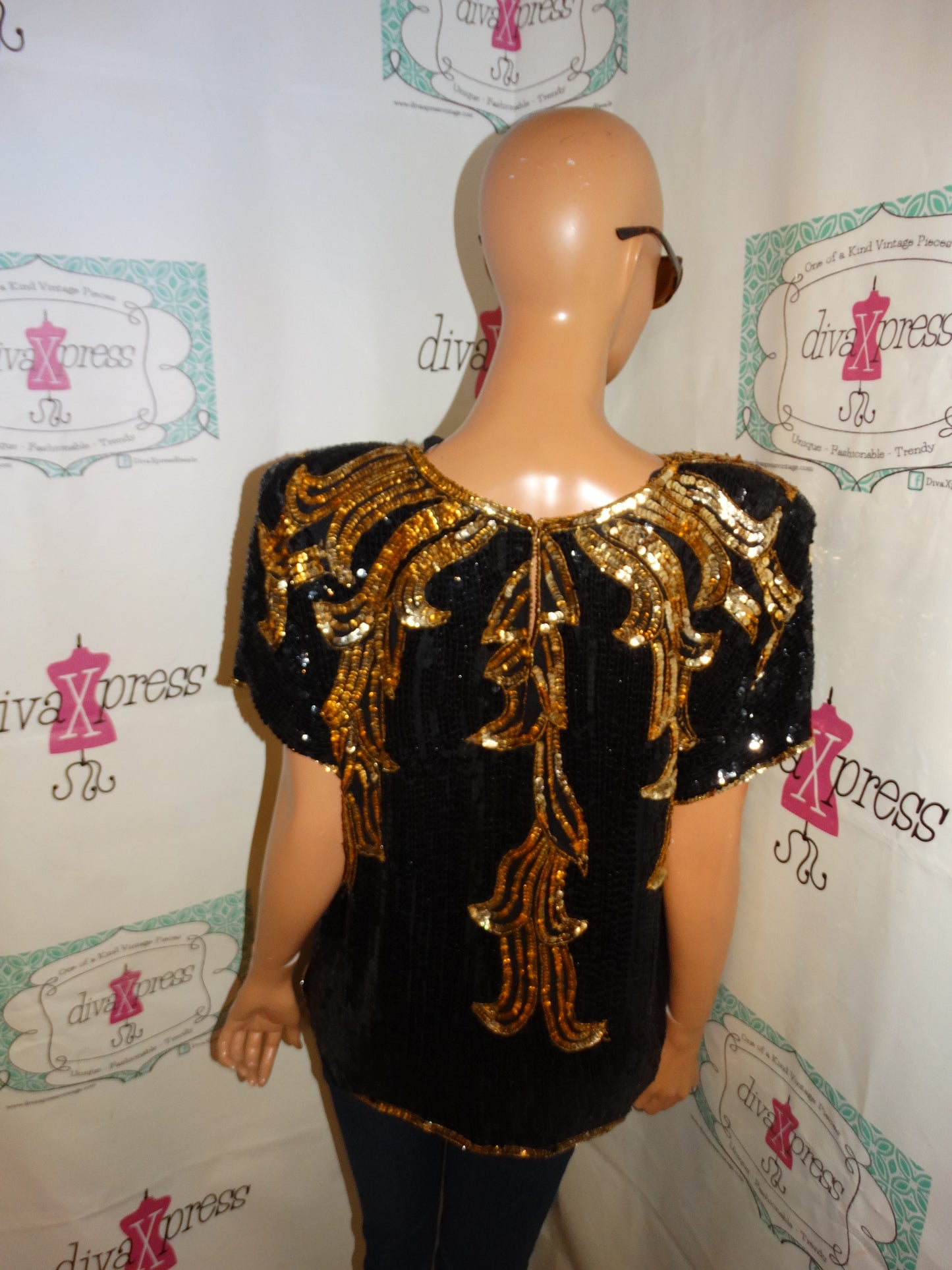 Vintage Nina Couture Black/Gold Sequins Top Size L