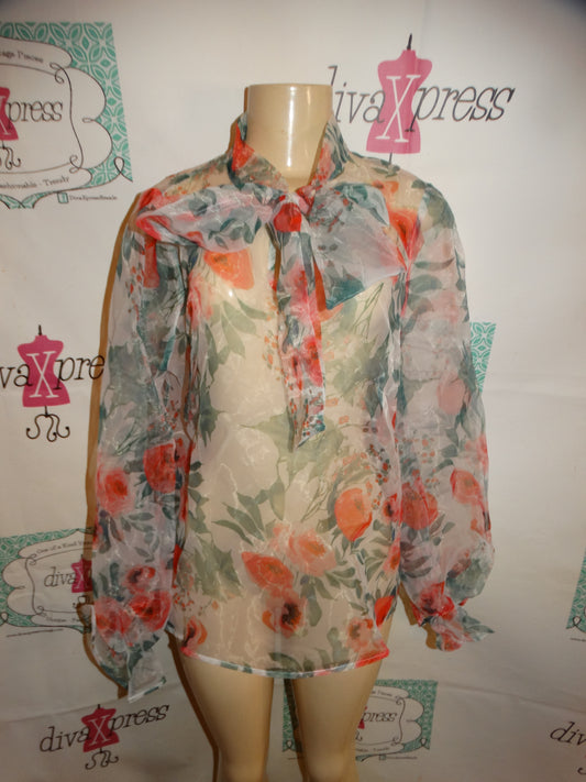 White Sheer Floral Top Size M