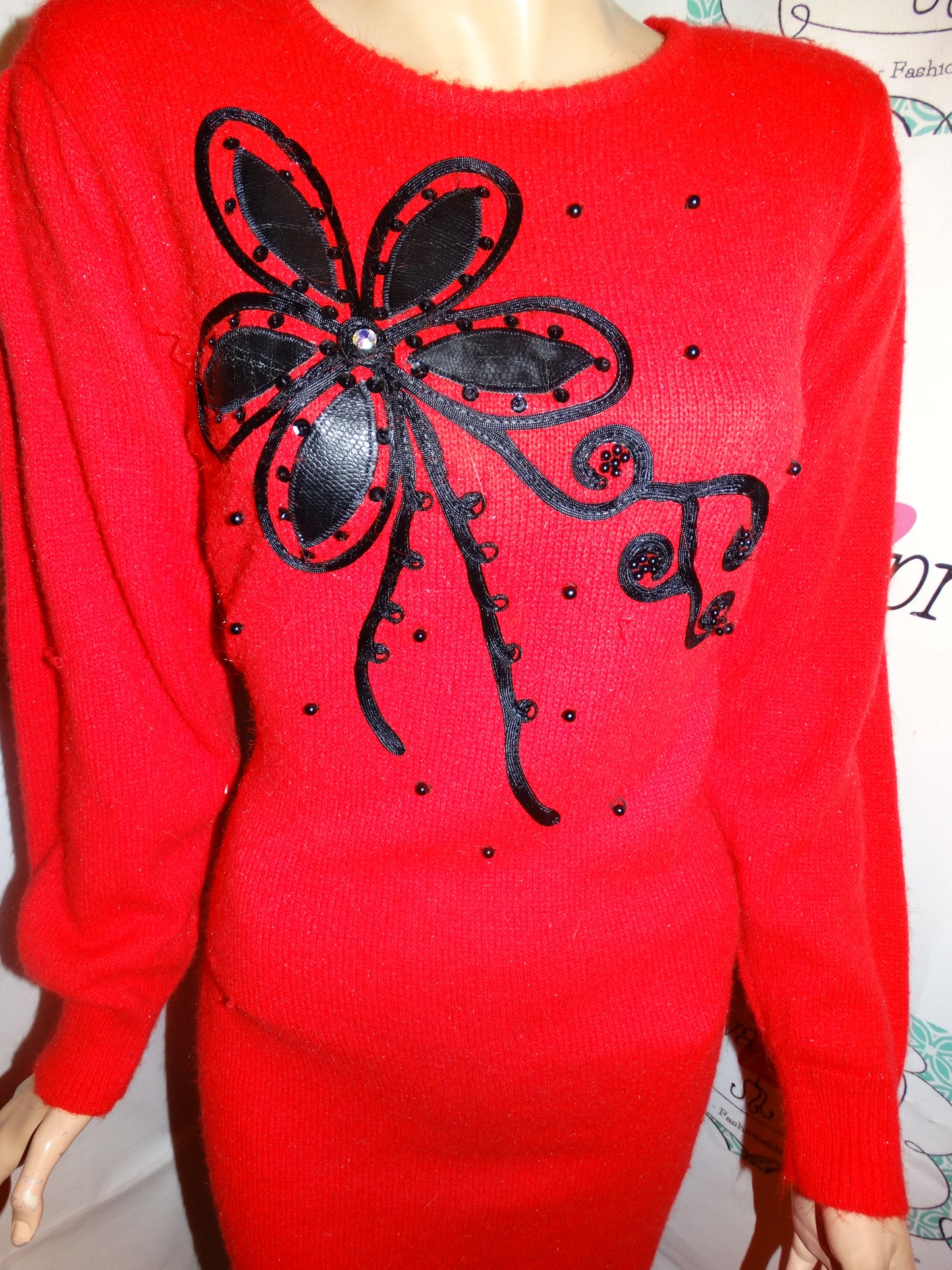 Vintage Siliver Leaf Red/Black Leaf Sweater Dress Size M-L