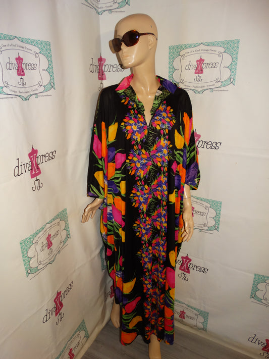 Vintage Image Of Home Black Colorful Floral Dress Size 1x-2x