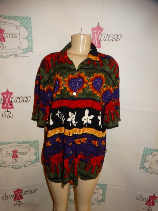 Vintage Kathleen Lee Colorful Elephant Top Size 1x