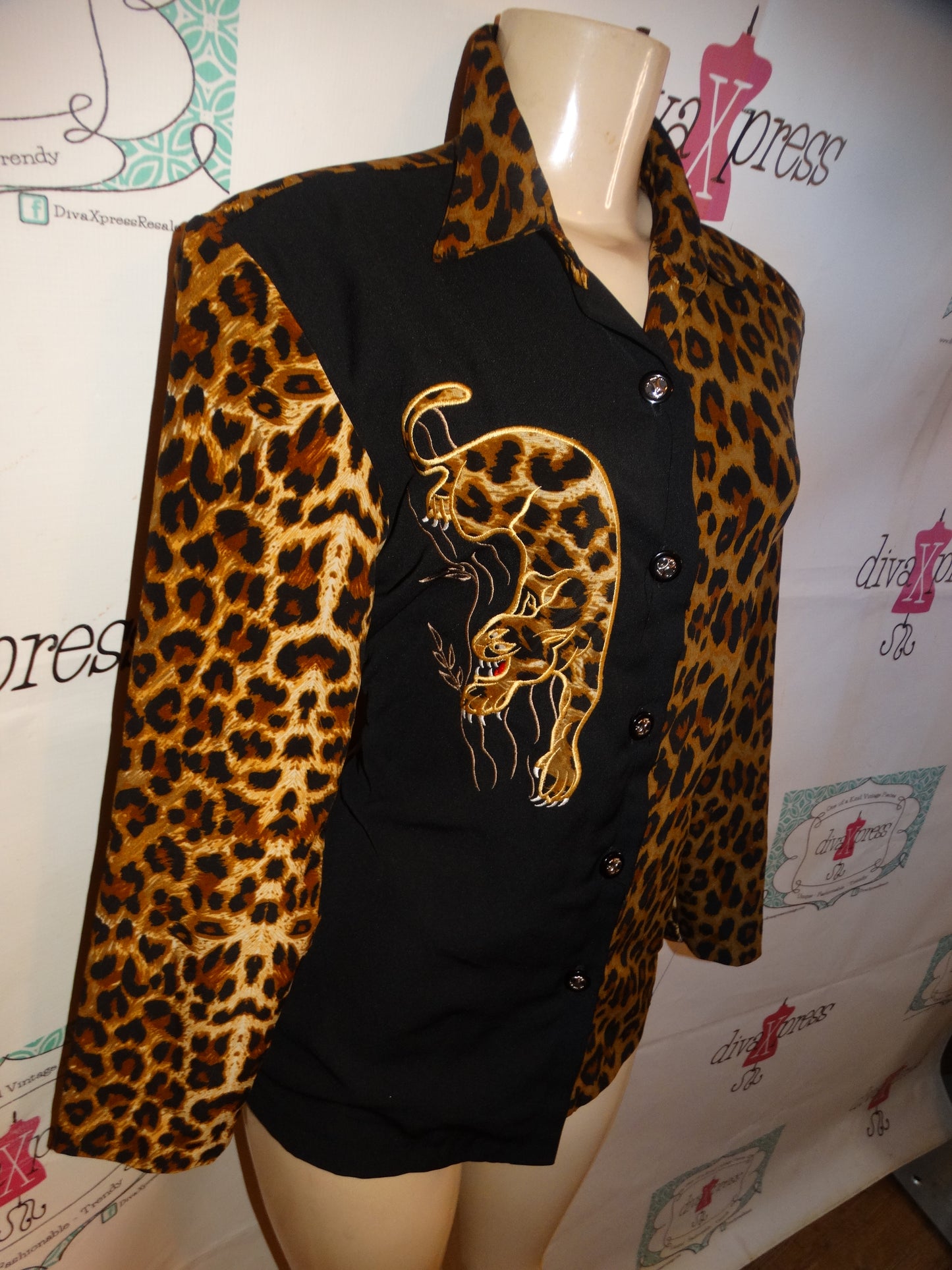 Vintage Future Designs Black Leopard Top Size M