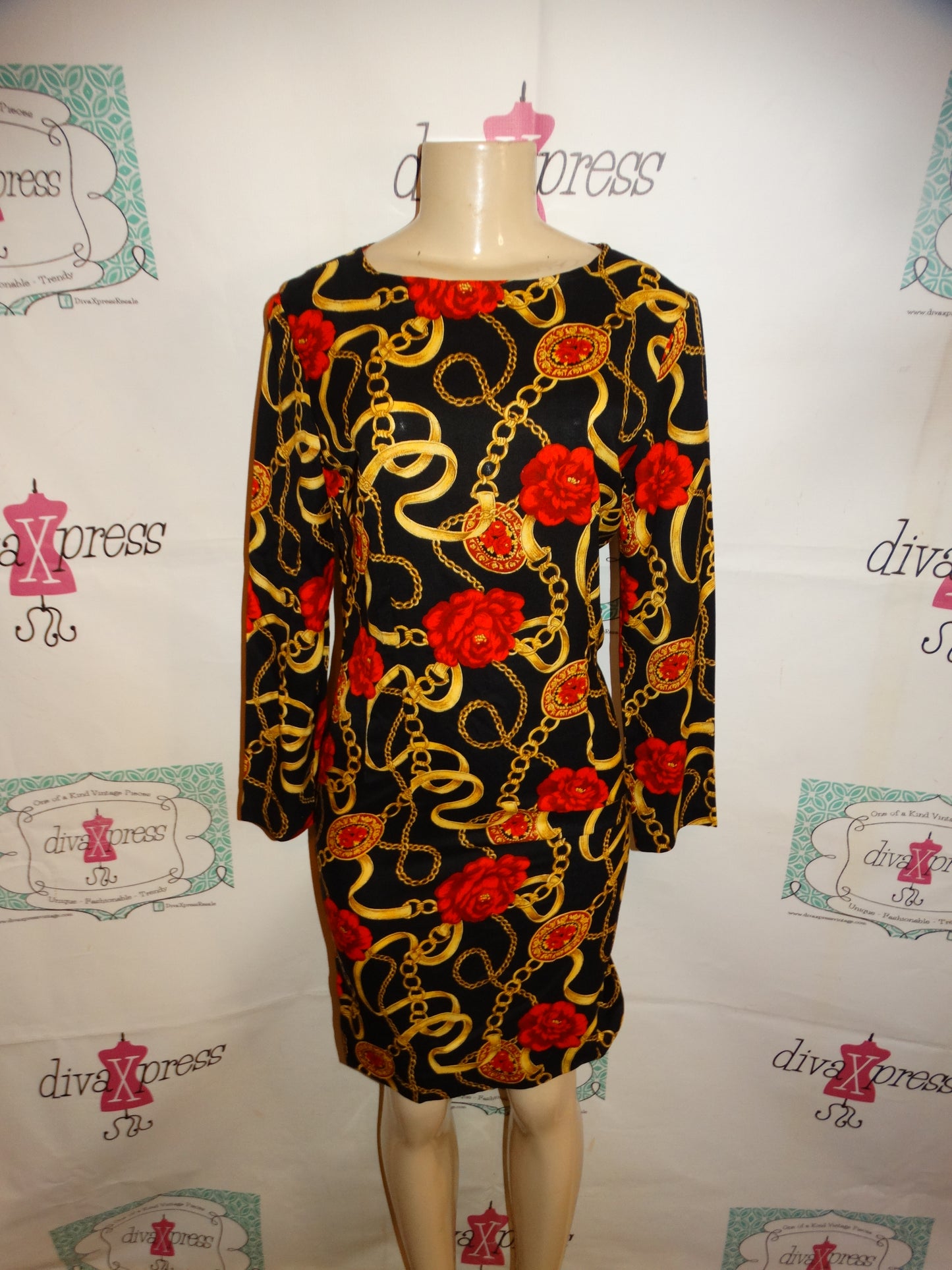 Vintage Black/Gold Red Chain Dress Size S