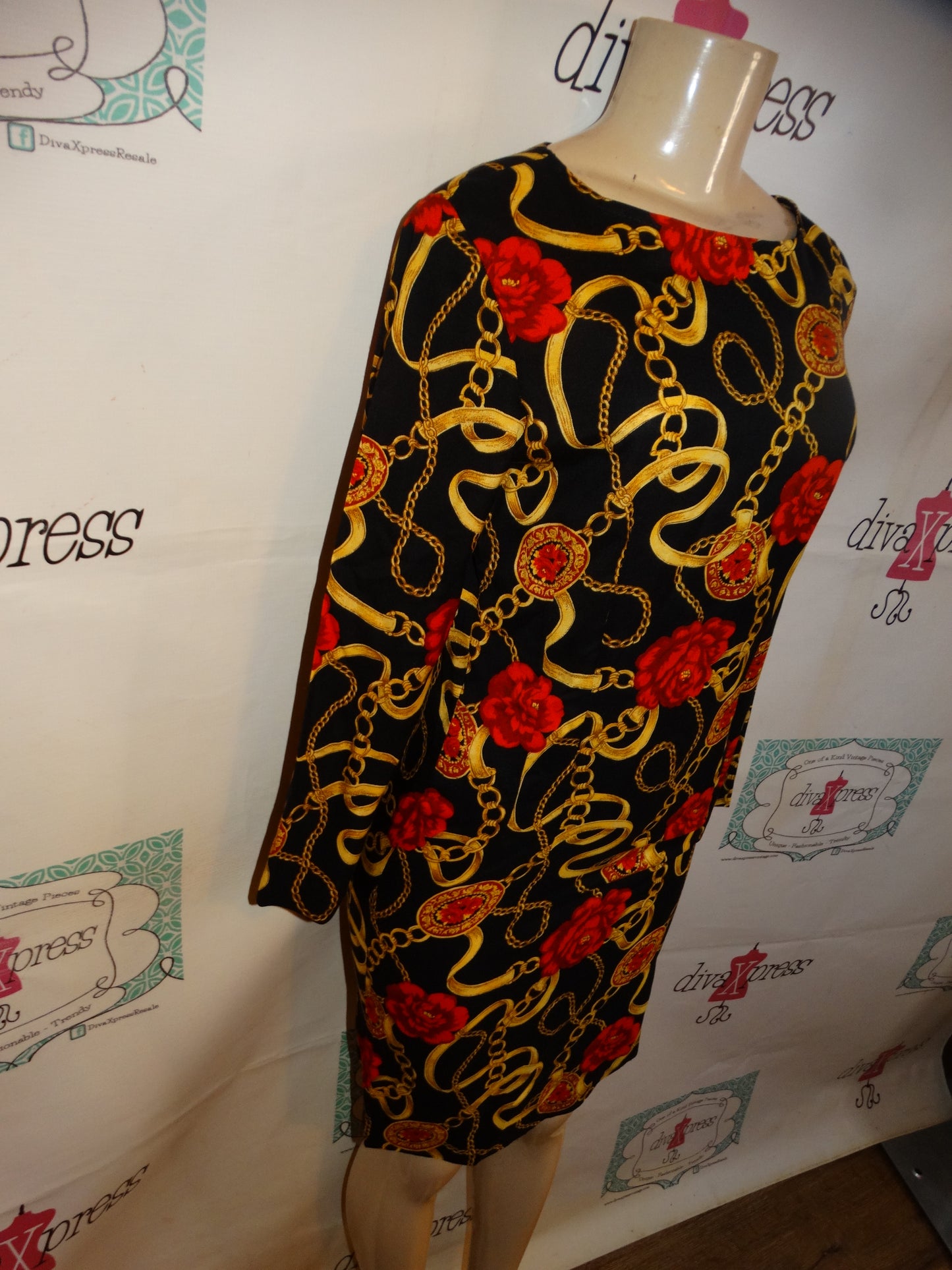 Vintage Black/Gold Red Chain Dress Size S