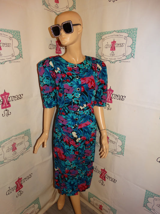 Vintage Teal Colorful Floral Dress Size XL