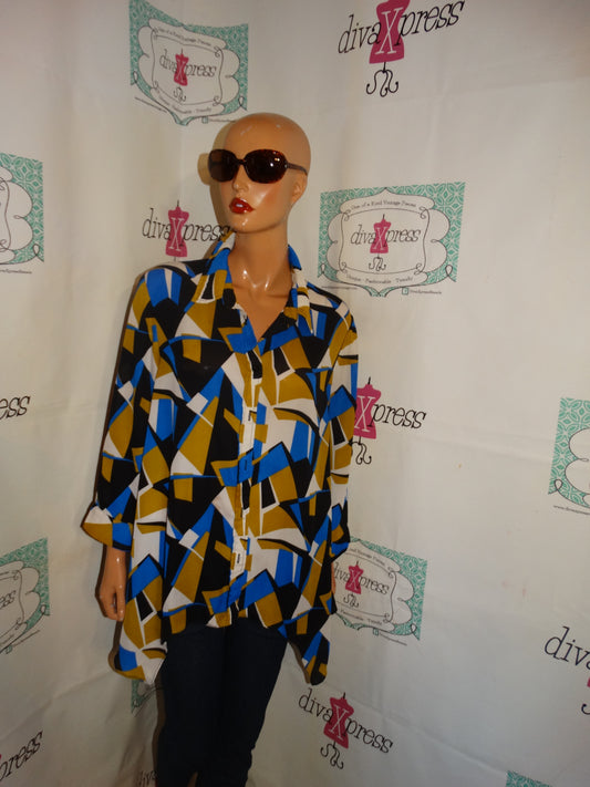 Vintage Travel Elements Gold/Blue Blouse Size 1x