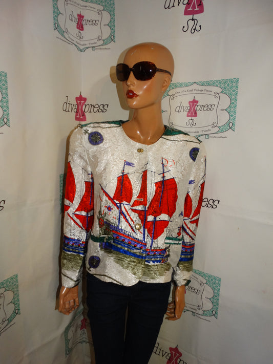 Vintage Sang Ann White Colorful Sailboat Jacket Size M