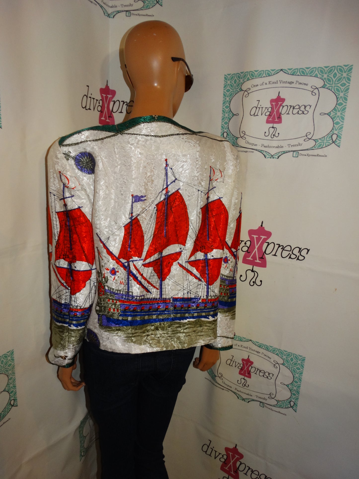 Vintage Sang Ann White Colorful Sailboat Jacket Size M