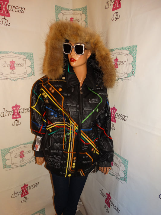 Vintage United Face Black Leather New York Street  Fur Lined Hood Coat  Brand New With Tags  Size 2x