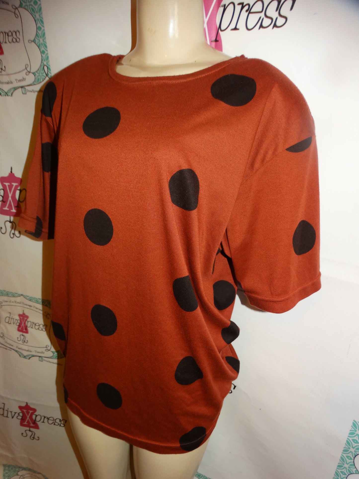 Vintage Pasta Brown/Black Polka Dot Top Size XL