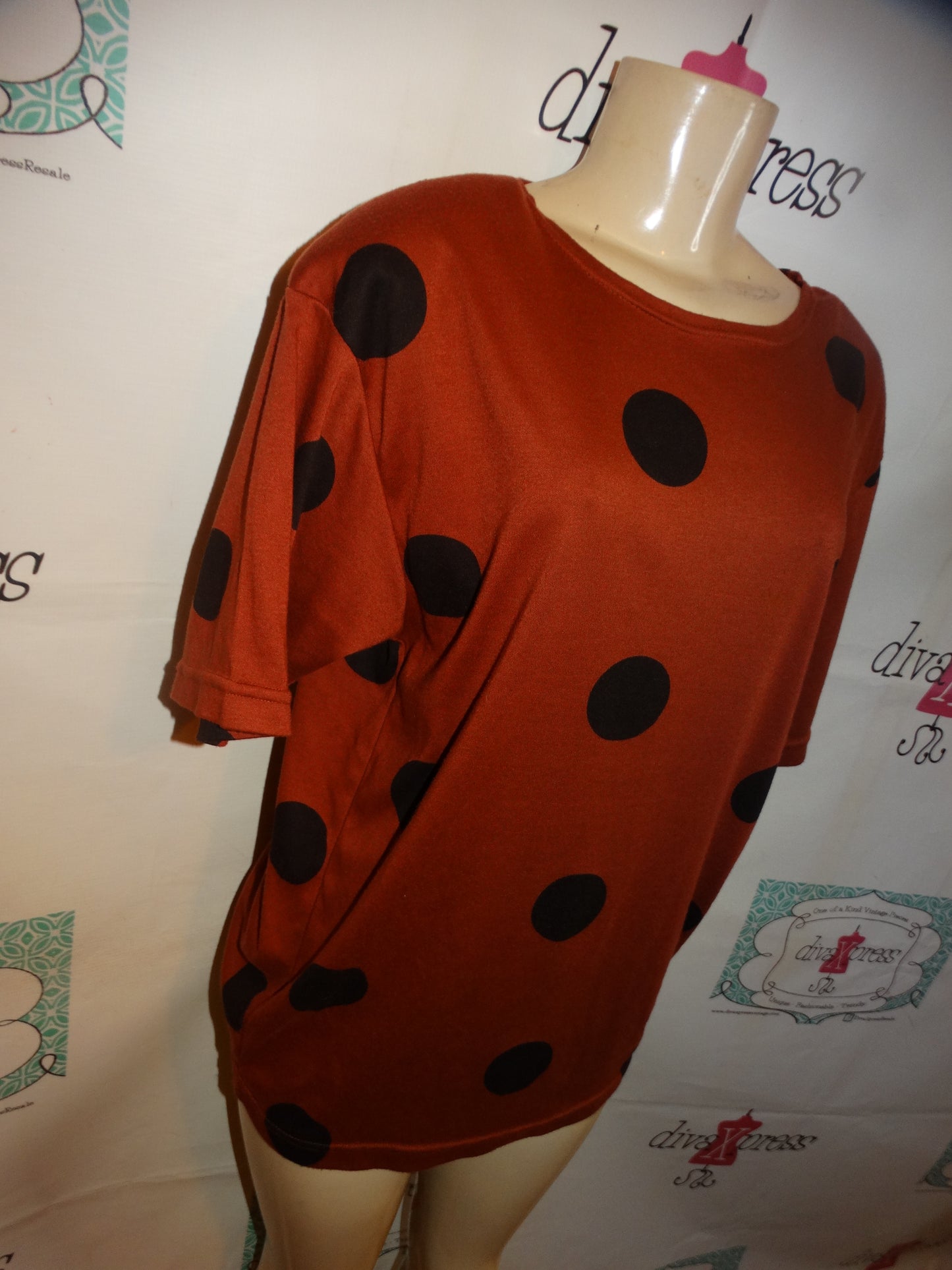 Vintage Pasta Brown/Black Polka Dot Top Size XL