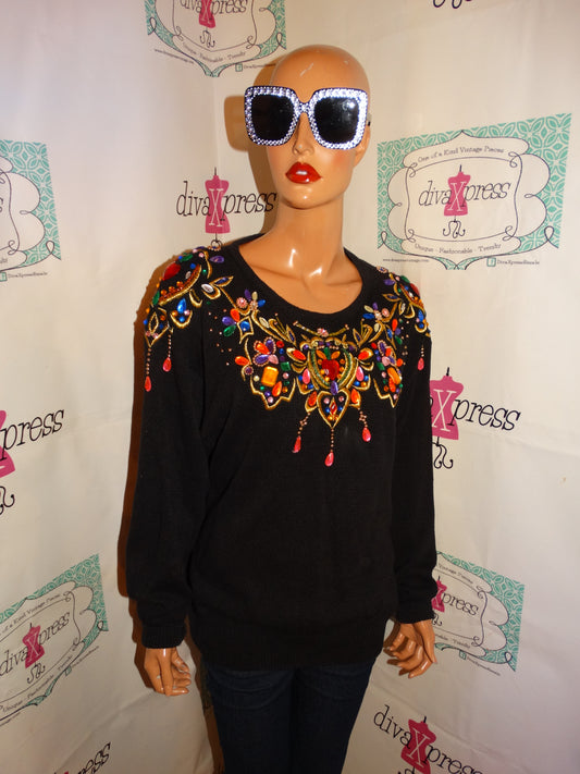 Vintage Lindsey Blake Editions Black Sequins Sweater Size XL