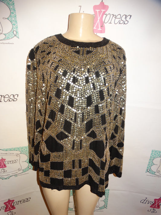 Vintage Oleg Cassini Black Gold Sequins Top Size XL
