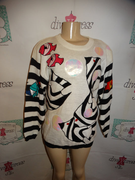 Vintage Spree Black/White Fish Sweater Size XL