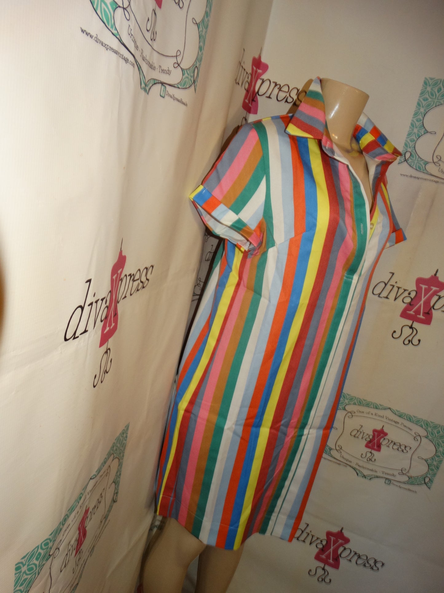 Vintage White Colorful Stripe Dress Size M