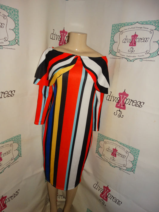 White Colorful Stripe Off Shoulder Dress Size L