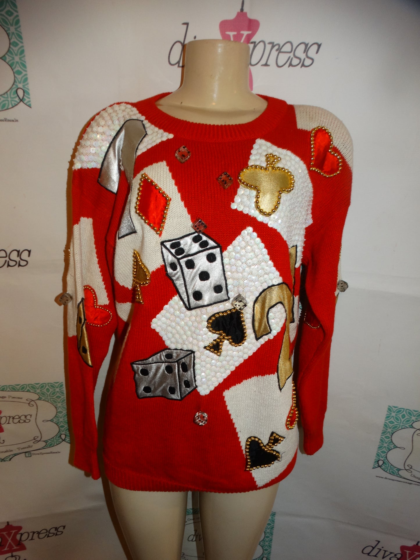 Vintage Spree International Red Card Dice Sweater Size XL