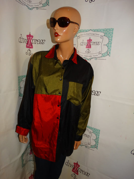 Vintage Laura Mae Black/REd/Green Color-block Blouse Size L