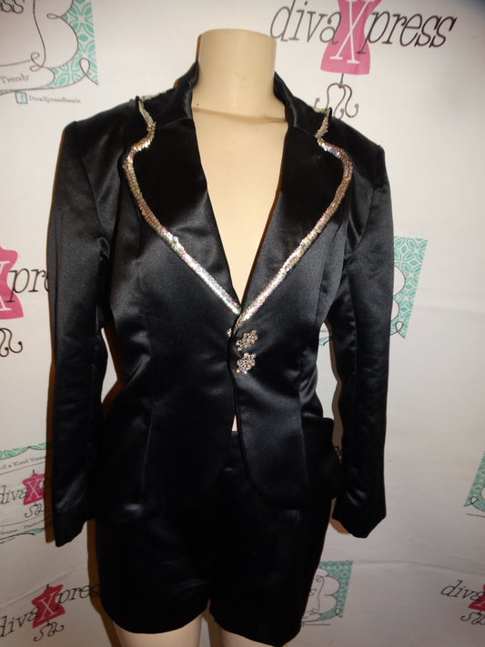 Vintage Black 2 Piece Sequins Lined Short and Blazer Set Size L