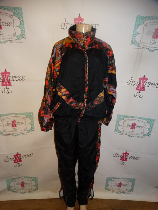 Vintage Rafael Black Colorful 2 Piece Track suit Size XL