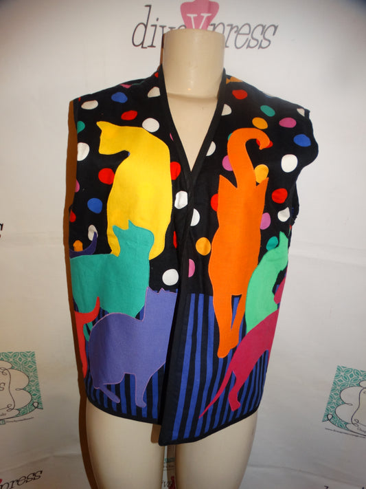 Vintage Black Colorful Cat Vest Size XL