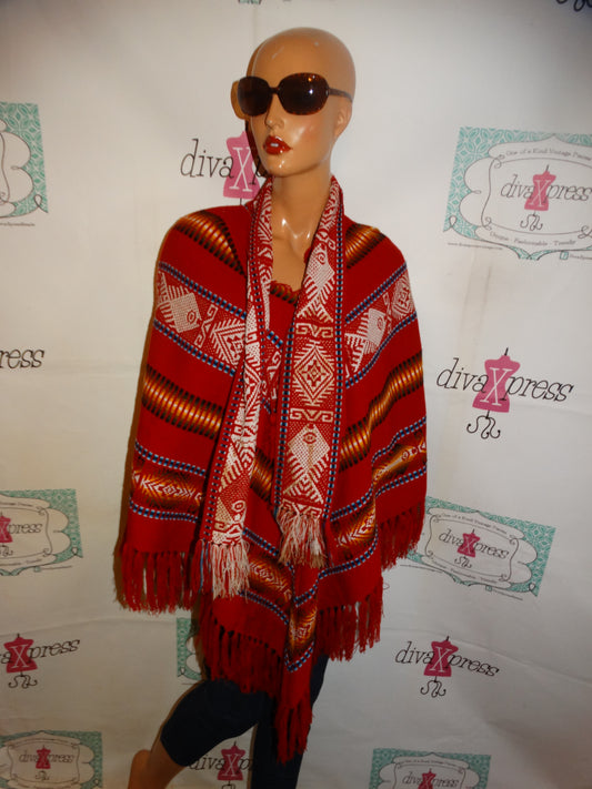 Vintage REd Aztec Poncho Size 1 Size Fits All