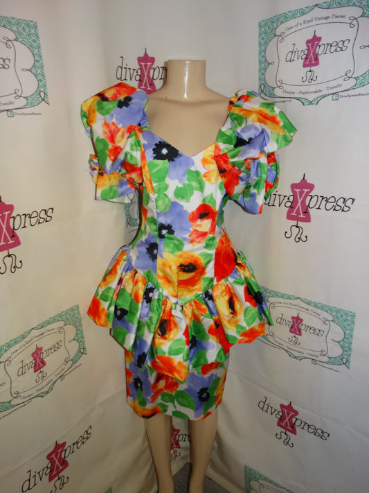 Vintage Pantagis White Floral Heavy Peplum Dress Size M