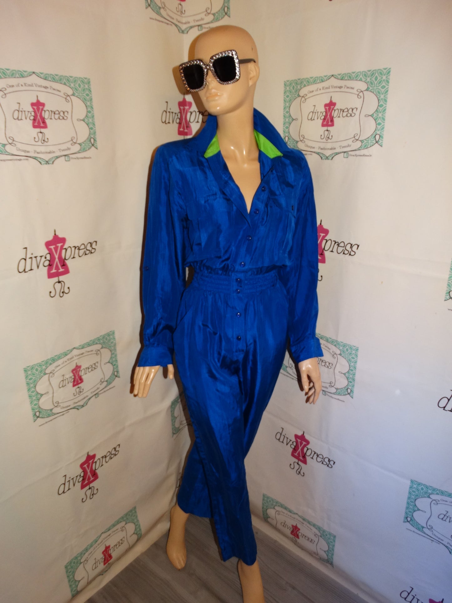 Vintage SK& Company Royal Blue/Green Romper Size M