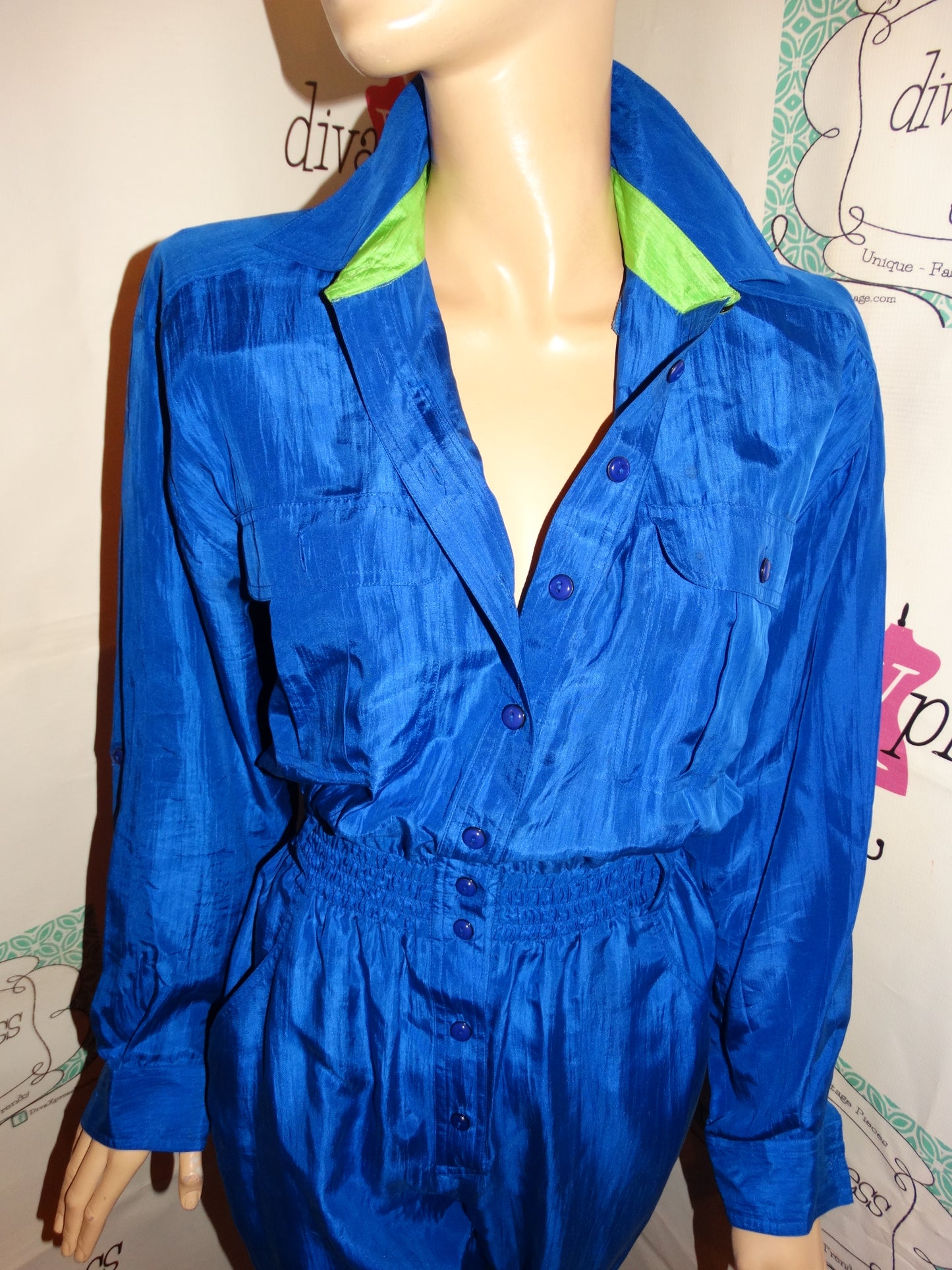 Vintage SK& Company Royal Blue/Green Romper Size M