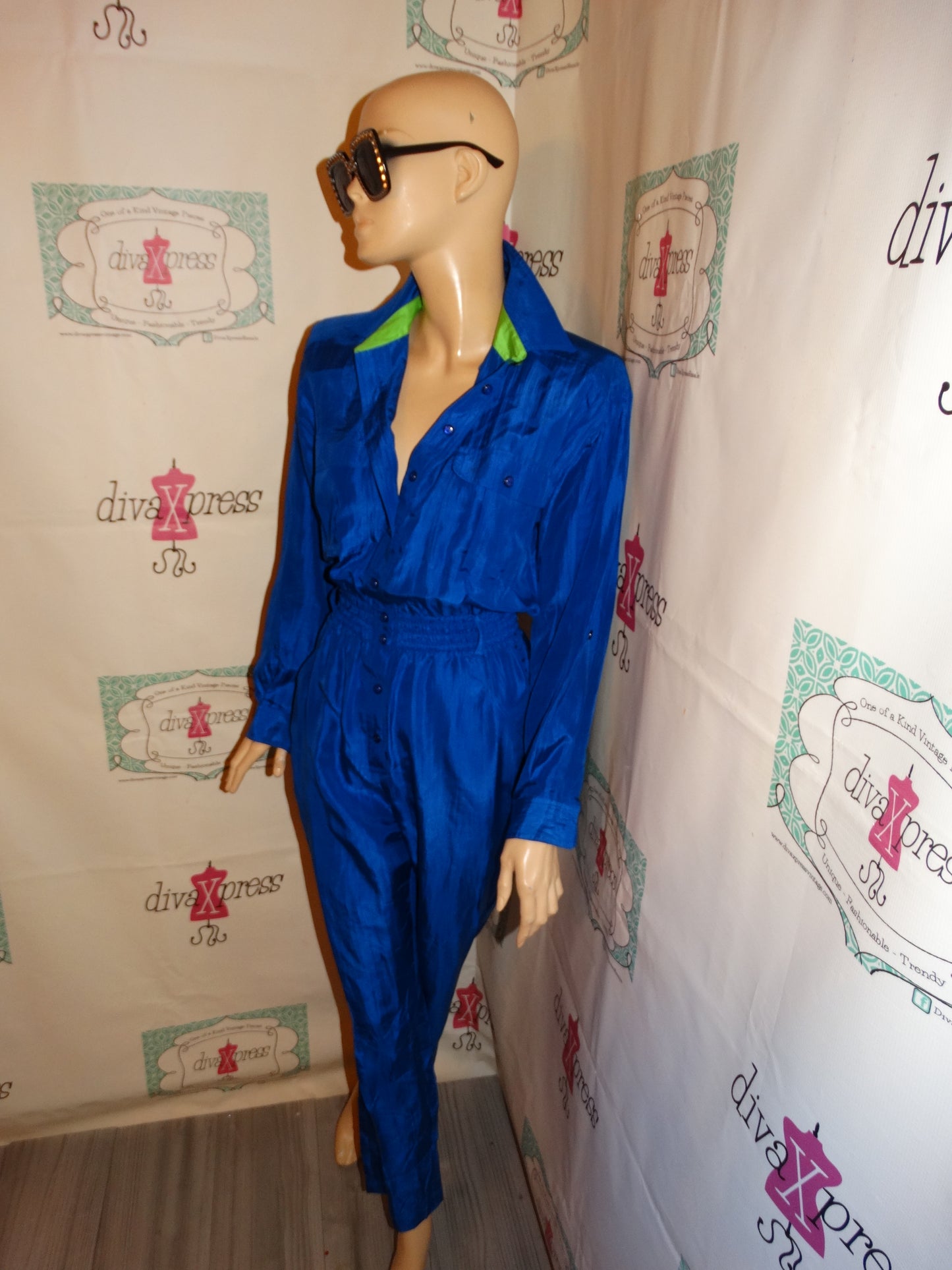 Vintage SK& Company Royal Blue/Green Romper Size M