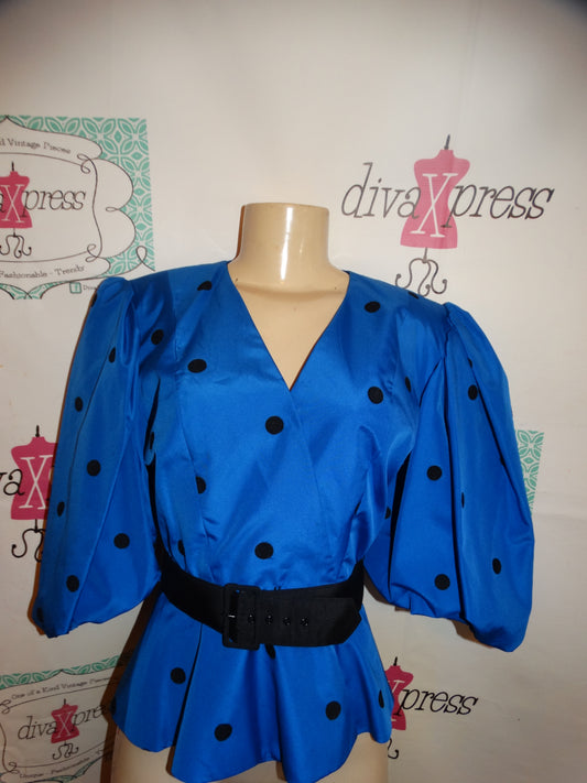 Vintage Howard Wolf Blue/Black Polka Dot High Shoulder Blouse Size M