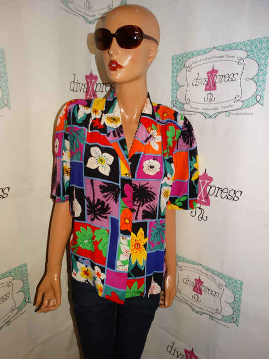 Vintage Sherri Sherman Black Colorful Blouse Size M