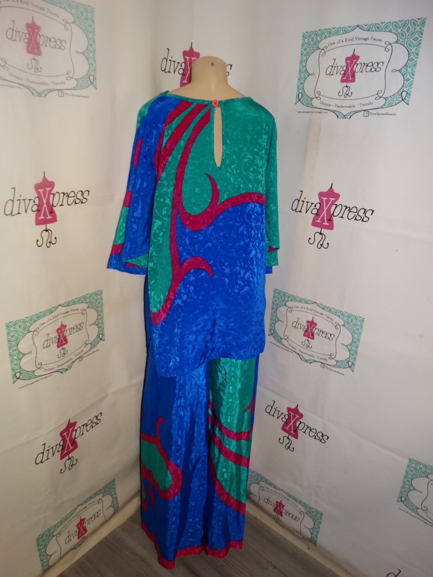 Vintage Janet Chang Blue Colorful 2 Piece Pants Set Size 1x