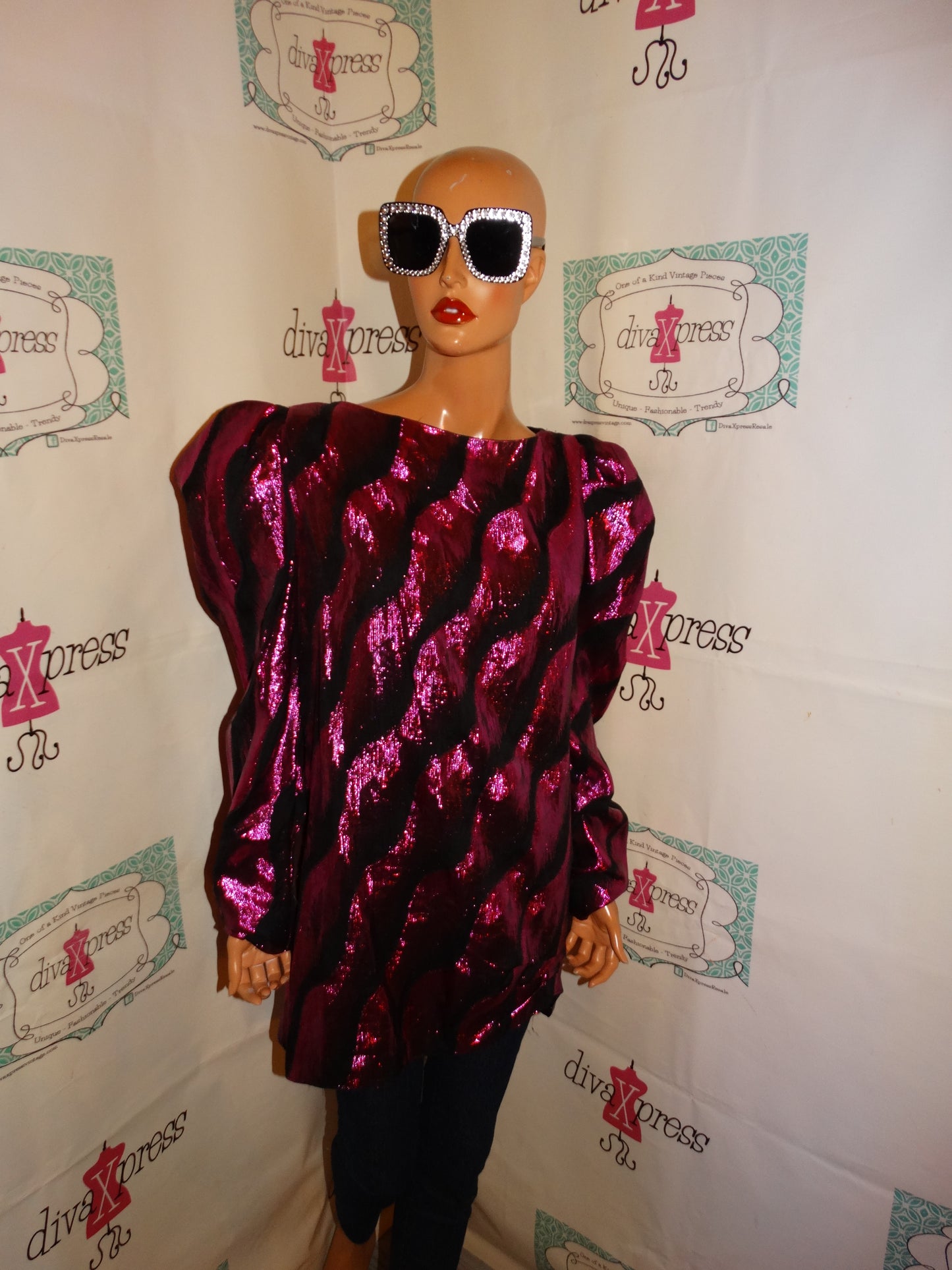 Vintage Pink/Black Metallic High Shoulder Blouse Size 1x