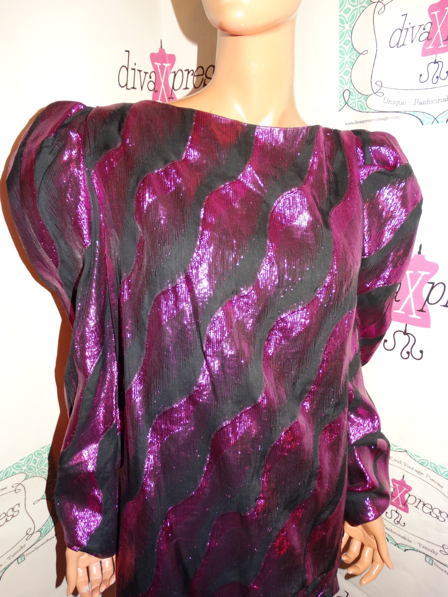 Vintage Pink/Black Metallic High Shoulder Blouse Size 1x