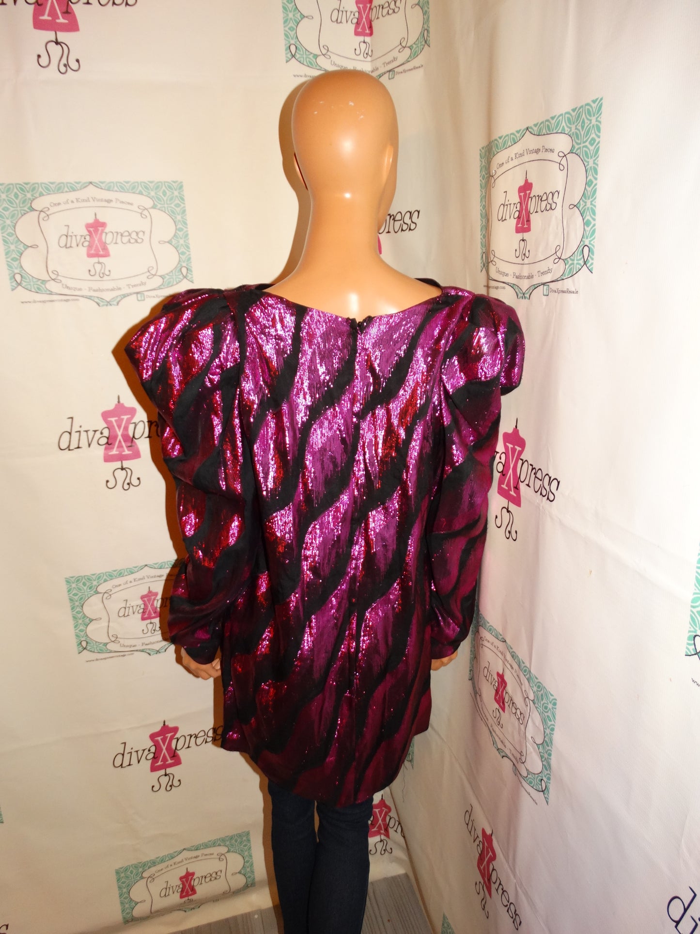 Vintage Pink/Black Metallic High Shoulder Blouse Size 1x
