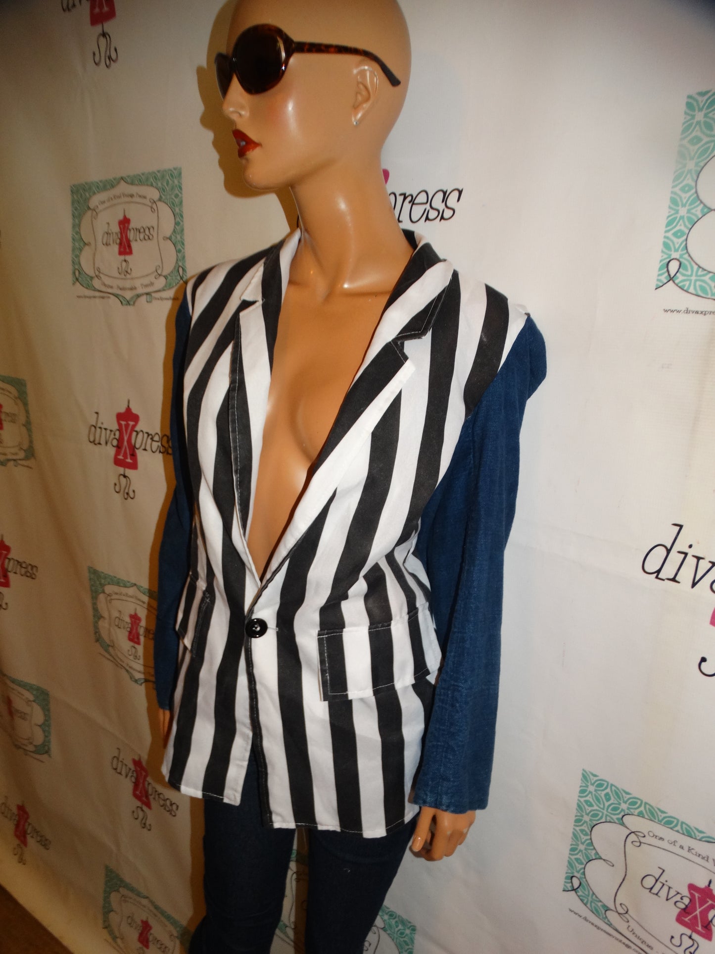 Vintage Black/White Stripe Jean Sleeve Custom Blazer Size L