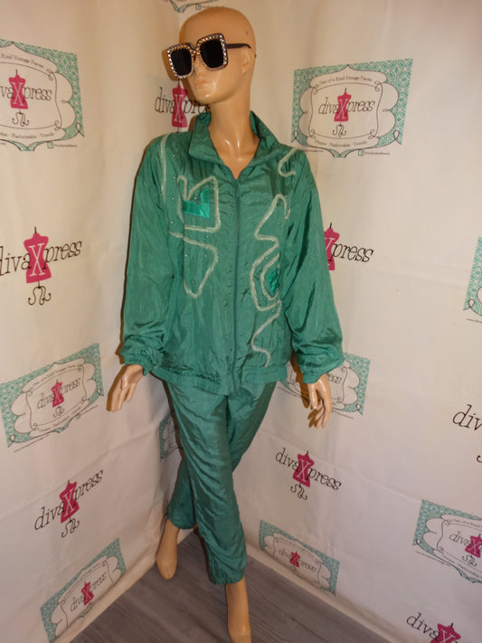 Vintage Rafael Green Beaded 2 Piece Track Suit Size M