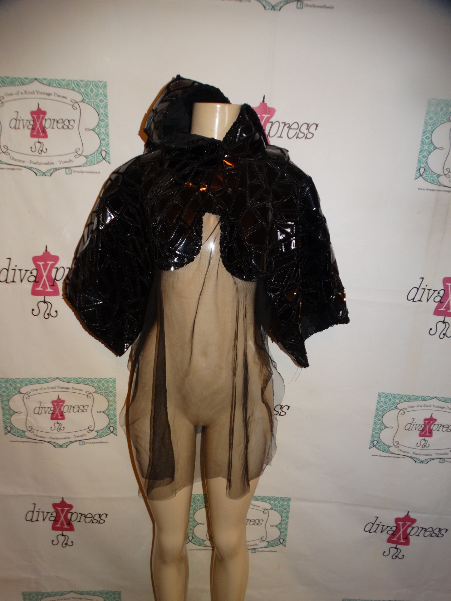 Black Hooded Half Sheer Sequins Jacket  Size L