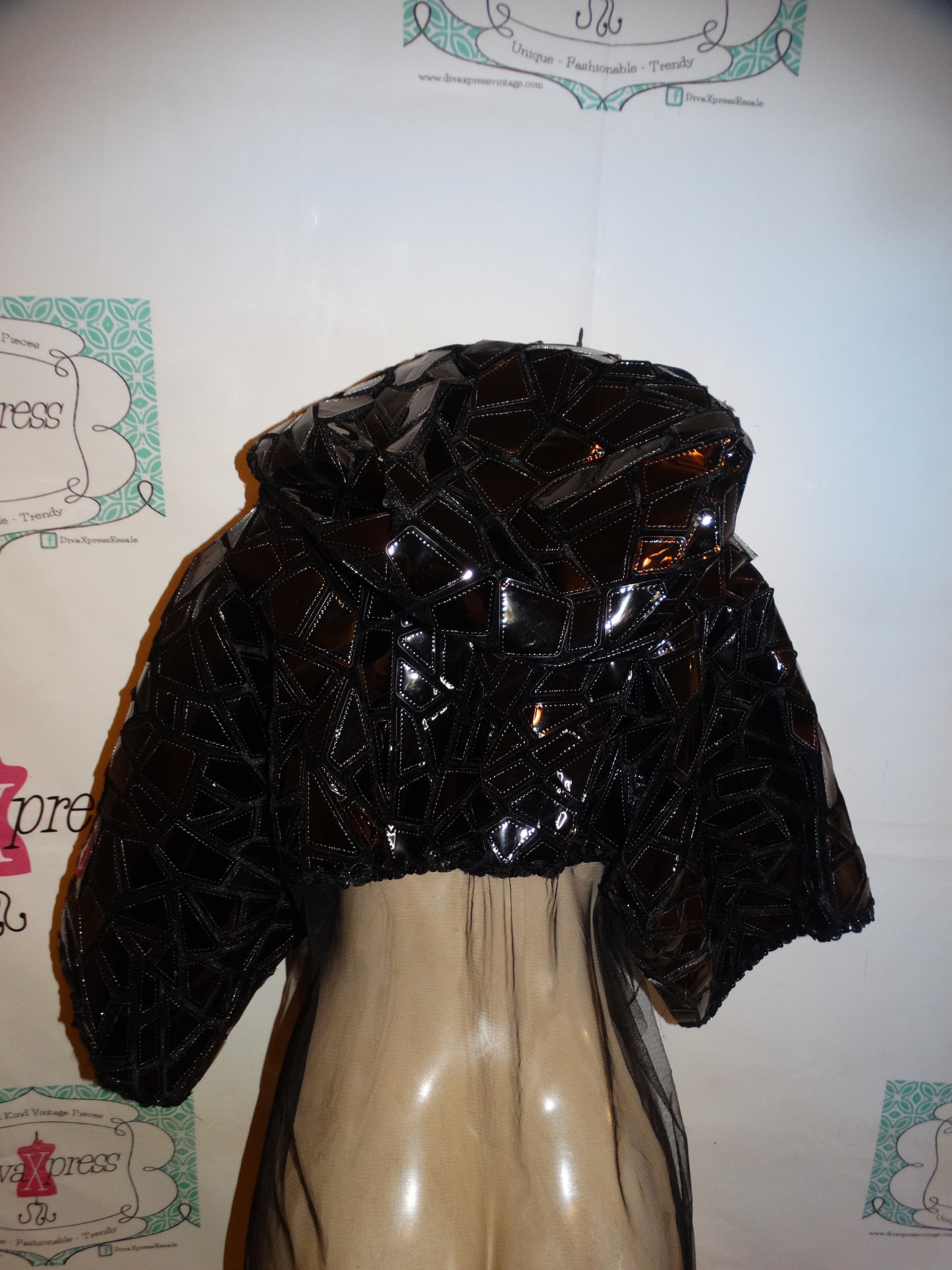 Black Hooded Half Sheer Sequins Jacket  Size L