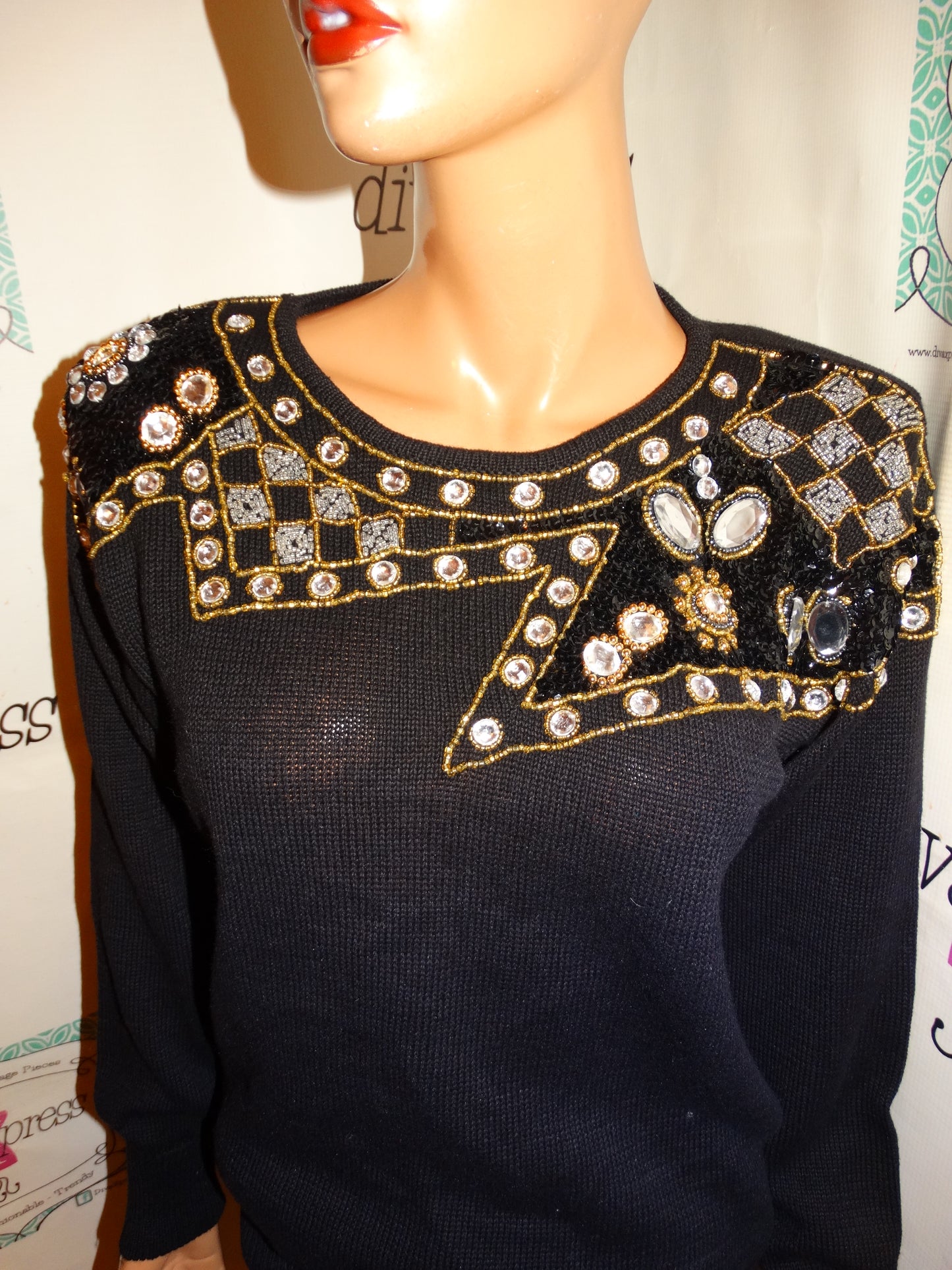 Vintage Lindsey Blake Black Sequins Sweater Size L